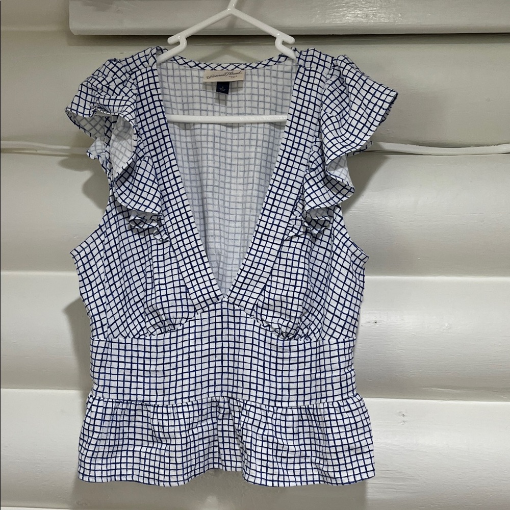 Women’s White and Navy Checked Ruffle V‑Neck Peplum Top